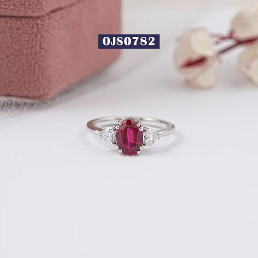 Red Ruby Oval Cut Gemstone Three Stone Ring