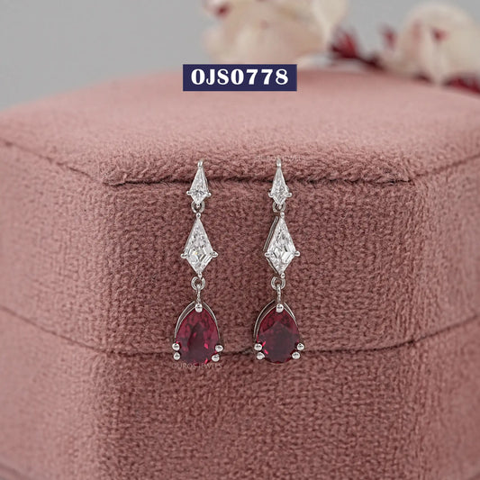 Red Ruby Pear Cut Lab Diamond Earring