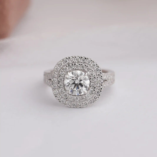Round Cut Double Halo With Accent Lab Diamond Ring