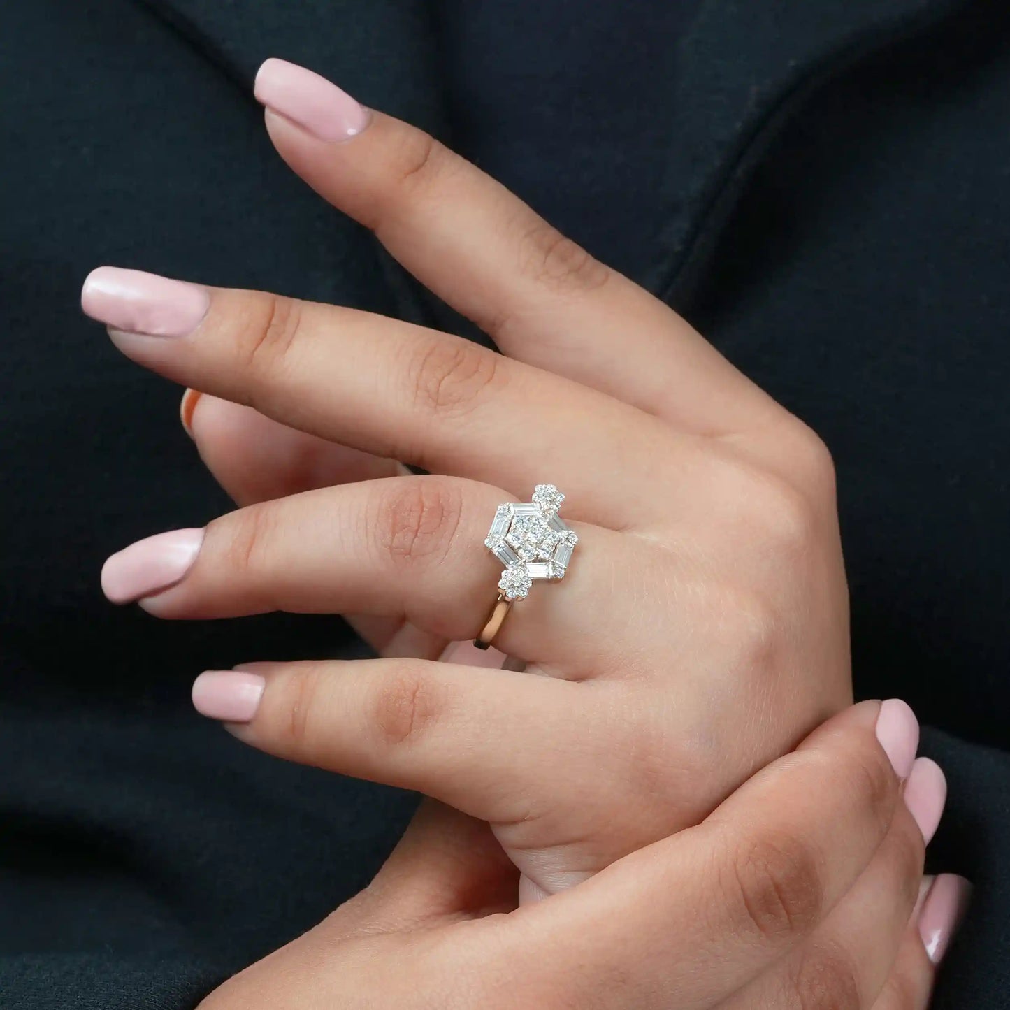 Round Flower Octagon Shape Baguette Cut Halo Lab Diamond Ring