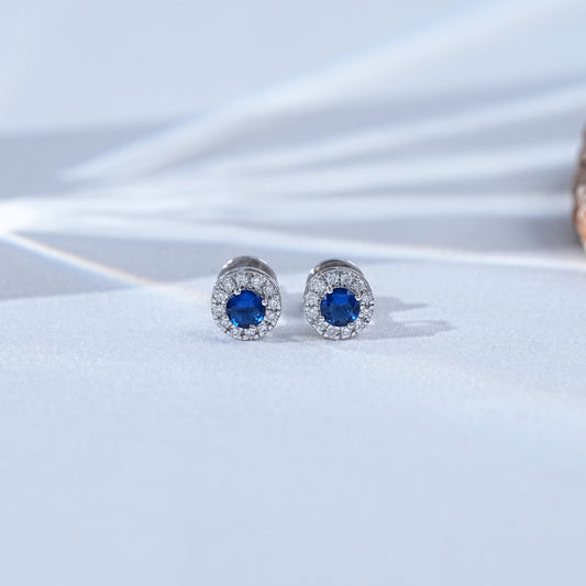 Sapphire Blue Round Gemstone Halo Stud Earrings