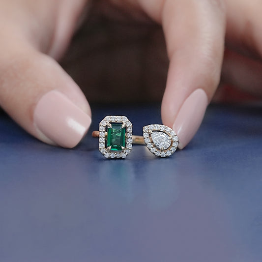 Pear And Emerald Cut Halo Cuff Engagement Ring