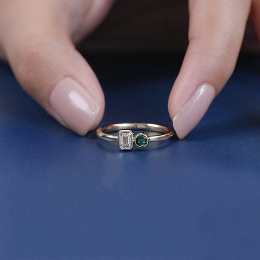 Round And Emerald Cut Bezel Solitaire Ring