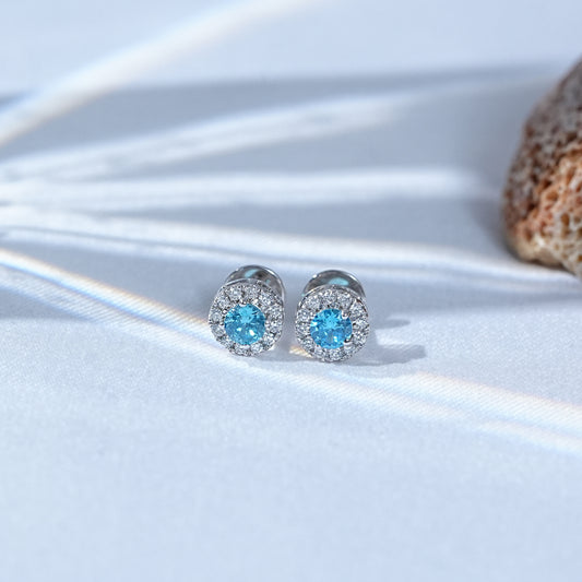 Topaz Blue Round Gemstone Halo Stud Earrings