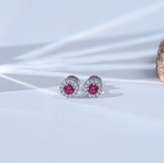 Tourmaline Pink Round Gemstone Halo Stud Earrings