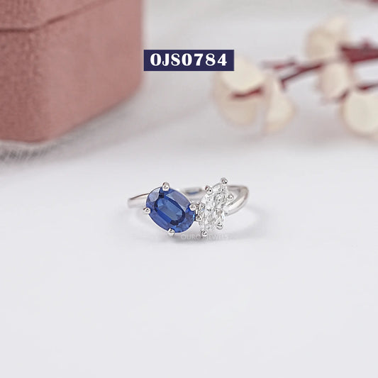 Two Stone Blue Oval Cut Lab Grown Diamond Ring
