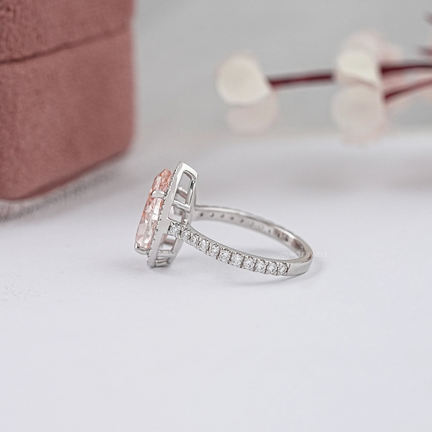 Pink Pear Cut Halo With Accent Lab Diamond Ring