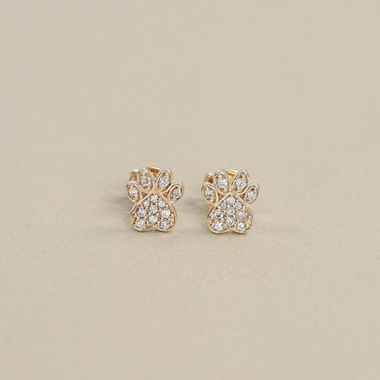 Dog Paw Print Round Diamond Stud Earrings