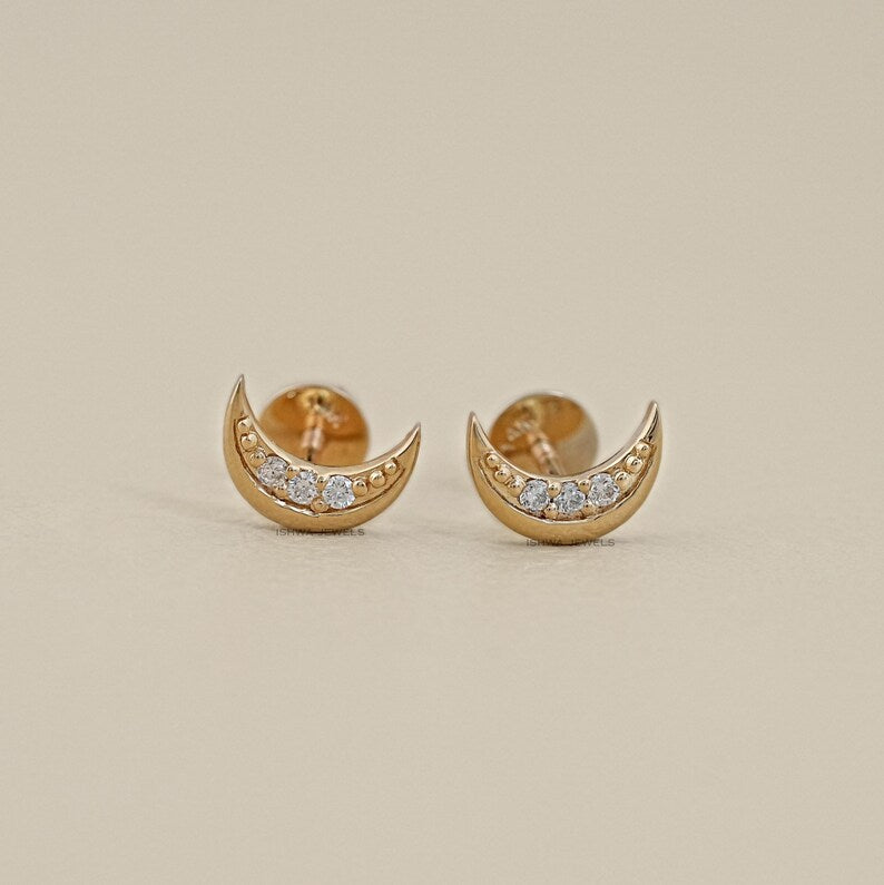 Moon Shape Round Diamond Stud Earrings