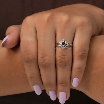 Red Princess Cut Cluster Engagement Ring