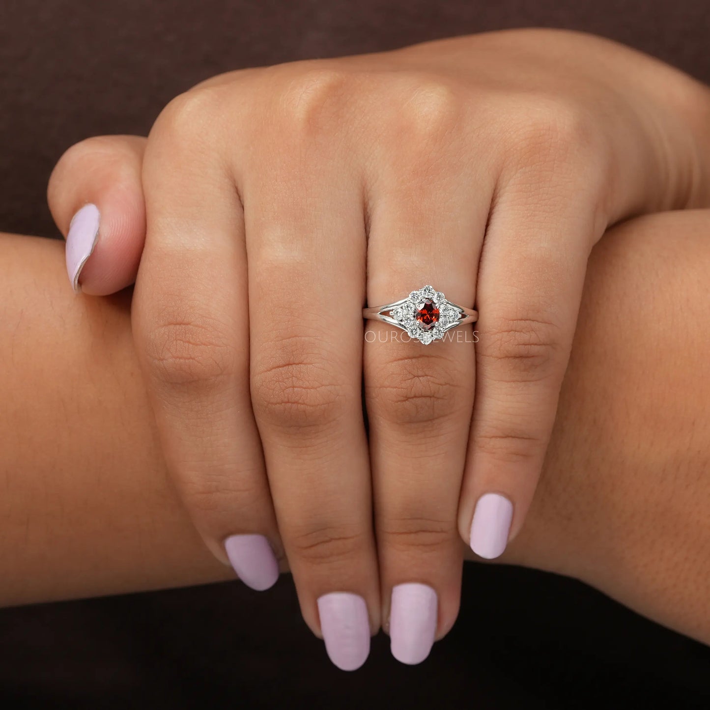 Red Oval Cut Halo Diamond Ring