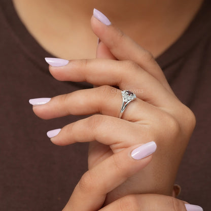 Red Oval Cut Halo Diamond Ring