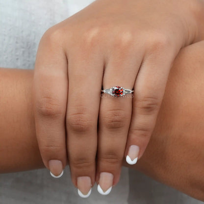 Red Round Cut Three Stone Ring