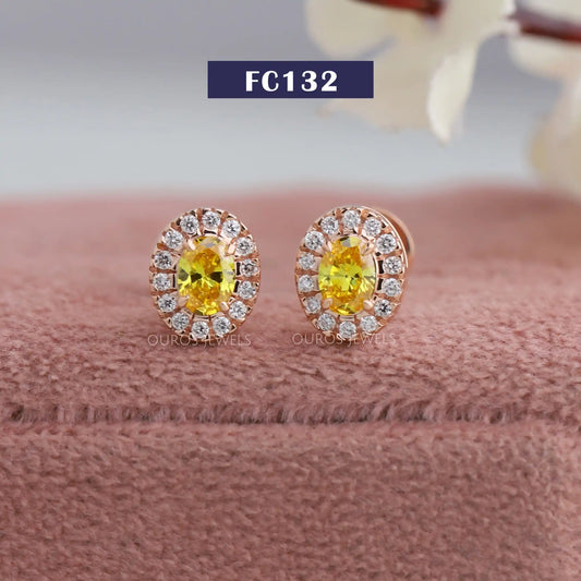 Yellow Oval Halo Diamond Earrings