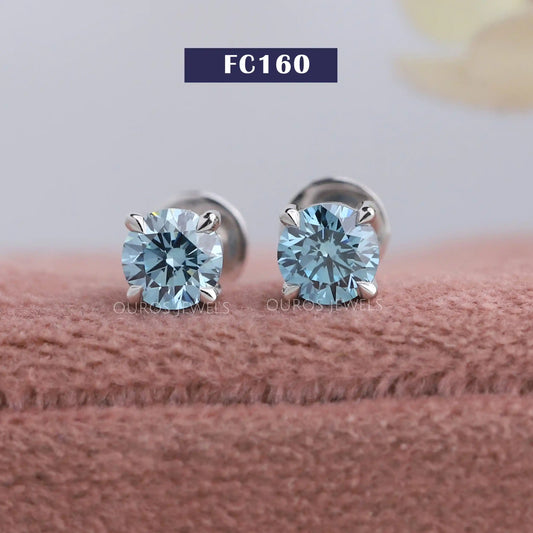 Blue Round Lab Diamond Stud Earrings