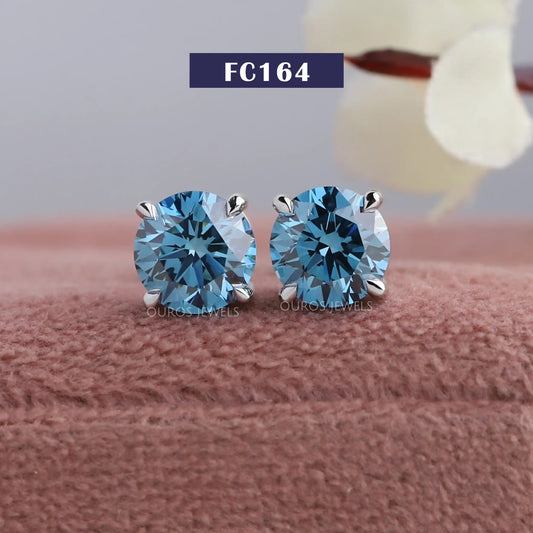 Fancy Blue Round Cut Stud Earrings