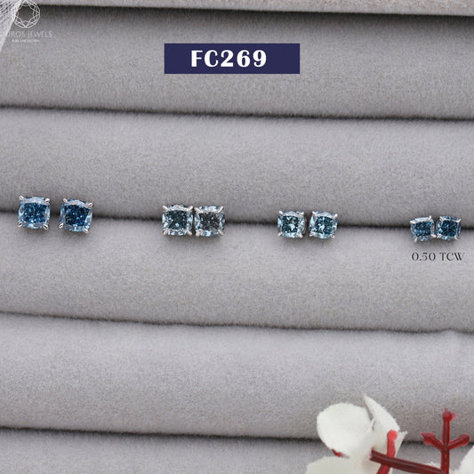 Blue Cushion Lab Diamond Stud Earrings
