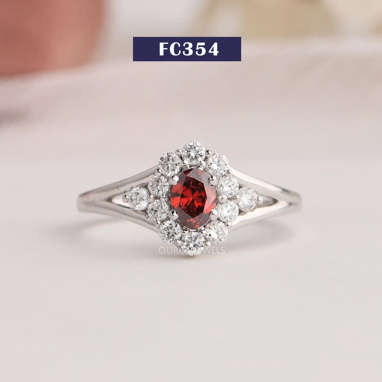 Red Oval Cut Halo Diamond Ring