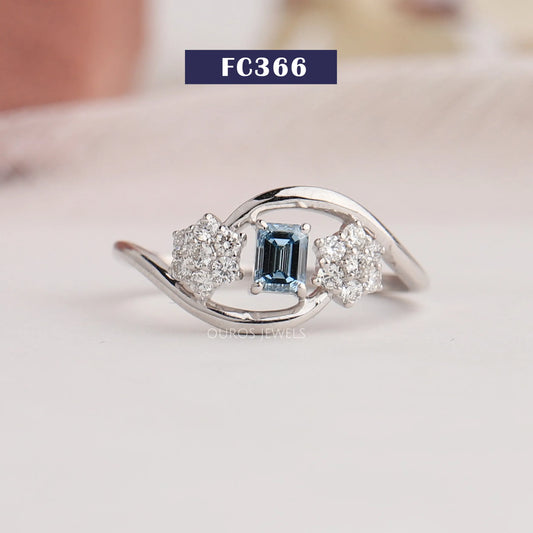 Blue Emerald Cut Floral Ring