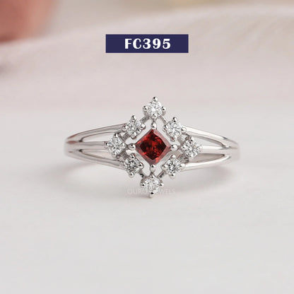 Red Princess Cut Cluster Engagement Ring