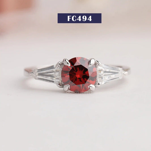 Red Round Cut Three Stone Ring