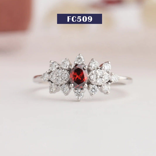 Red Oval Diamond Floral Ring