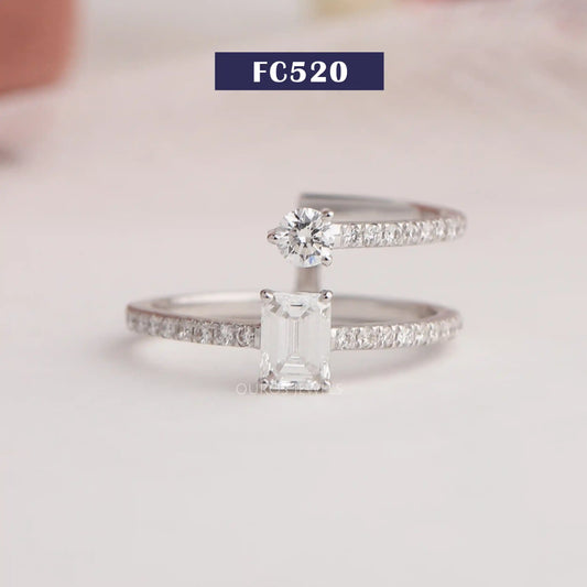 Emerald And Round Lab Diamond Dual Shank Ring