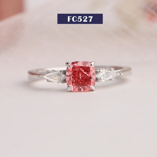 Pink Cushion Diamond Three Stone Ring