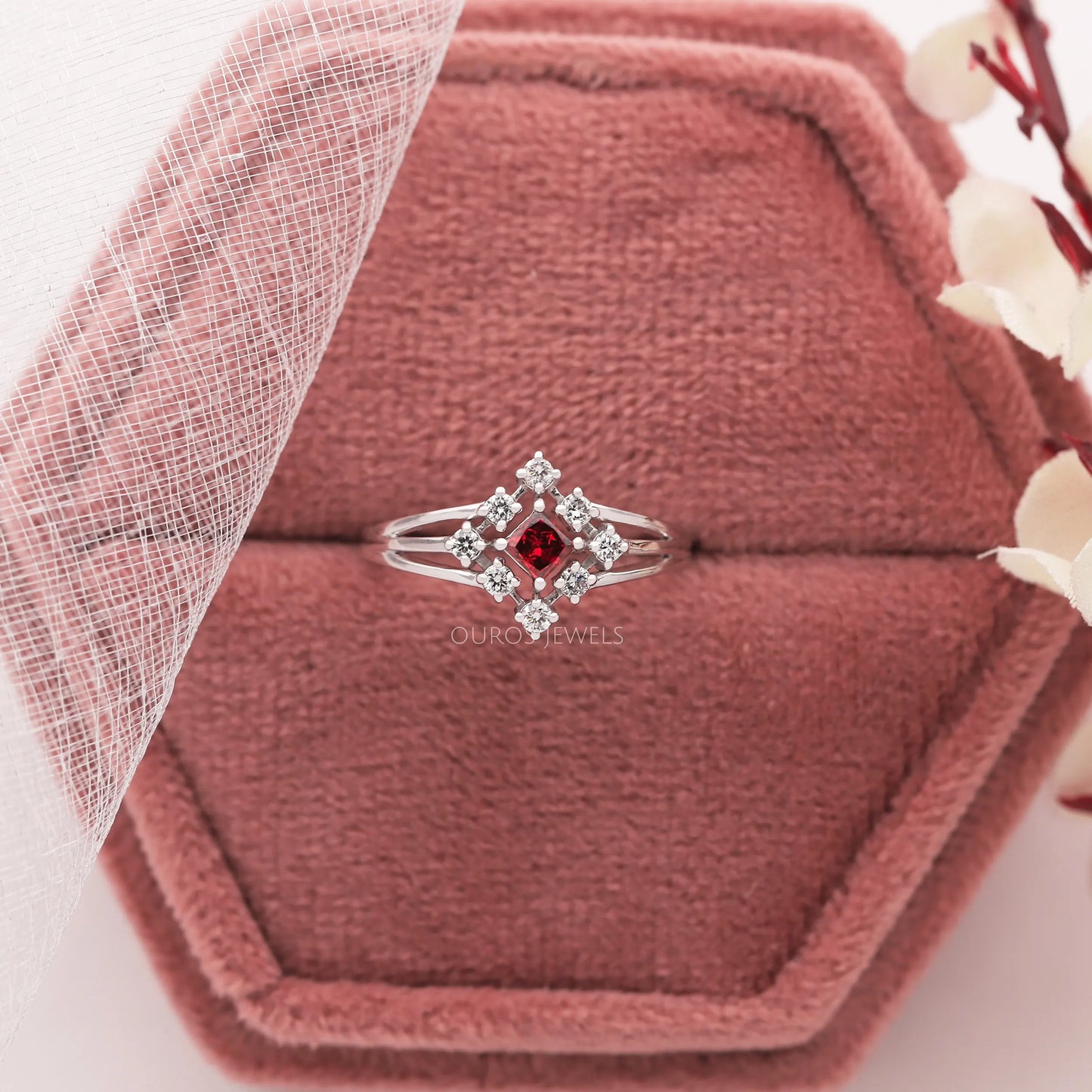 Red Princess Cut Cluster Engagement Ring