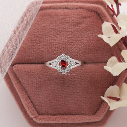 Red Oval Cut Halo Diamond Ring