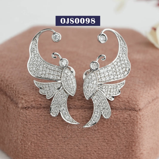 Round Pave Diamond Butterfly Earrings