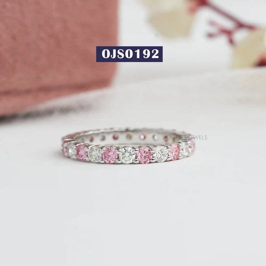 Pink Round Cut Lab Diamond Eternity Wedding Band