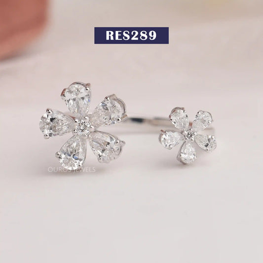 Pear Diamond Twin Flowers Open Ring